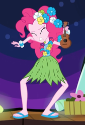 Size: 454x670 | Tagged: safe, pinkie pie, equestria girls, g4, shake your tail, clothes, feet, flip-flops, grass skirt, hula, hulapie, musical instrument, sandals, skirt, ukulele