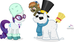 Size: 2033x1160 | Tagged: safe, artist:punzil504, button mash, rarity, sweetie belle, g4, binoculars, booties, broom, clothes, hat, scarf, simple background, snow, snowpony, top hat, transparent background, ushanka