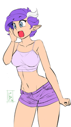 Size: 517x916 | Tagged: safe, artist:pia-sama, oc, oc only, oc:crystal clarity, human, kilalaverse, adorasexy, armpits, belly button, big breasts, booty shorts, breasts, clothes, cute, elf ears, freckles, humanized, humanized oc, midriff, offspring, parent:rarity, parent:spike, parents:sparity, sexy, short shirt, shorts, solo, tank top, thighs