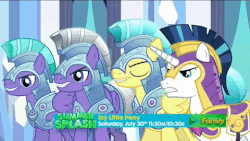 Size: 480x270 | Tagged: safe, screencap, amethyst stone, princess cadance, radiant gold, shining armor, sunburst, teal crescent, alicorn, pegasus, pony, unicorn, g4, the times they are a changeling, animated, armor, crystal guard, crystal guard armor, gasp, male, open mouth, stallion