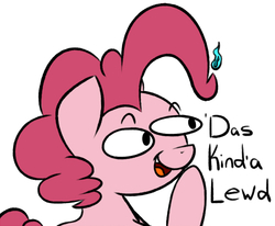 Size: 500x412 | Tagged: safe, artist:pink-dooples, pinkie pie, earth pony, pony, g4, bust, dialogue, female, lewd, open mouth, portrait, reaction image, simple background, smiling, solo, special eyes, white background