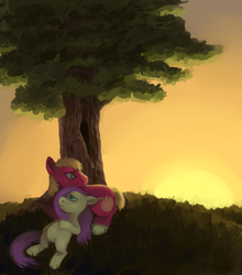 Size: 2212x2518 | Tagged: safe, artist:xiao668, big macintosh, fluttershy, earth pony, pony, g4, duo, female, high res, hill, looking away, lying down, male, mare, on back, outdoors, prone, sad, ship:fluttermac, shipping, stallion, straight, sunset, tree, turned head, under the tree