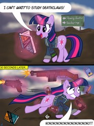 Size: 950x1280 | Tagged: safe, artist:nuka-kitty, twilight sparkle, deathclaw, pony, unicorn, fallout equestria, g4, buffout, clothes, fallout, fallout: new vegas, for science, funny, gun, jet (drug), jumpsuit, nuka cola, pipbuck, psycho, scared, science, shotgun, silly, unicorn twilight, vault suit, weapon