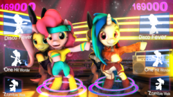 Size: 1920x1080 | Tagged: safe, artist:sourcerabbit, dj pon-3, fluttershy, octavia melody, pinkie pie, vinyl scratch, g4, 3d, dance central, dancing, just dance, parody, source filmmaker