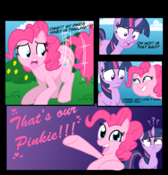 Size: 1376x1426 | Tagged: safe, artist:thex-plotion, pinkie pie, twilight sparkle, g4, comic, dialogue, heart, pinkie sense, question mark, twitchy tail