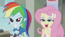 Size: 480x270 | Tagged: safe, screencap, fluttershy, rainbow dash, a case for the bass, equestria girls, g4, my little pony equestria girls: rainbow rocks, female, gif, lidded eyes, non-animated gif, open mouth, out of context