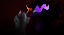 Size: 850x475 | Tagged: safe, artist:dragonfoxgirl, idw, king sombra, radiant hope, pony, umbrum, g4, female, imminent kissing, male, mare, shadow, ship:hopebra, shipping, straight