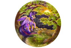 Size: 1024x683 | Tagged: safe, artist:arnne, twilight sparkle, alicorn, pony, g4, acrylic painting, female, outdoors, painting, signature, solo, sunset, traditional art, tree, twilight sparkle (alicorn)