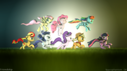 Size: 1920x1080 | Tagged: safe, artist:spyrophantom, applejack, fluttershy, pinkie pie, rainbow dash, rarity, starlight glimmer, sunset shimmer, twilight sparkle, alicorn, pony, g4, 3d, alternate mane seven, field, flying, galloping, hopping, mane six, poster, signature, source filmmaker, twilight sparkle (alicorn)