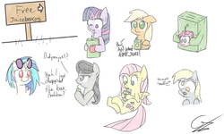 Size: 2500x1500 | Tagged: safe, artist:bloodwolvenl, applejack, derpy hooves, dj pon-3, fluttershy, octavia melody, pinkie pie, twilight sparkle, vinyl scratch, earth pony, pegasus, pony, unicorn, g4, :t, confused, cute, derp, eating, fail, female, floppy ears, flying, frown, grimcute, hoof hold, juice, juice box, lidded eyes, mare, nom, open mouth, puppy dog eyes, raised eyebrow, role reversal, sad, simple background, smiling, wat, white background, wide eyes