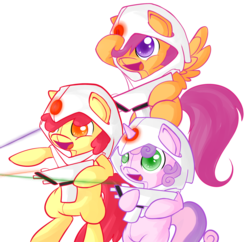 Size: 1300x1258 | Tagged: safe, artist:portal-pie, apple bloom, scootaloo, sweetie belle, oc, oc only, oc:turret pony, earth pony, pegasus, pony, robot, robot pony, unicorn, g4, adorabloom, bipedal, clothes, costume, crossover, cute, cutealoo, cutie mark crusaders, diasweetes, ponified, portal (valve), simple background, transparent background, turret