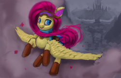 Size: 1910x1230 | Tagged: safe, artist:lmgchikess, fluttershy, g4, cloud, female, flying, goggles, solo, wip