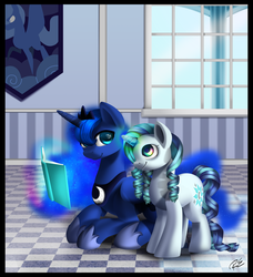 Size: 2920x3200 | Tagged: safe, artist:redember00, princess luna, oc, oc:aqua wish, g4, book, high res, magic