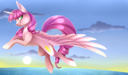 Size: 5100x3000 | Tagged: safe, artist:scarlet-spectrum, oc, oc only, oc:dawning love, alicorn, pony, alicorn oc, art trade, concave belly, flying, high res, ocean, outdoors, solo, spread wings, sunrise, water, wings