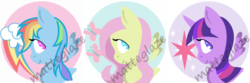 Size: 647x216 | Tagged: safe, artist:matteglaze, fluttershy, rainbow dash, twilight sparkle, alicorn, pony, g4, button, cutie mark, looking back, pin, twilight sparkle (alicorn)