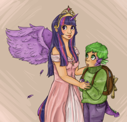 Size: 1245x1200 | Tagged: safe, artist:superlucky13, spike, twilight sparkle, human, g4, big crown thingy, duo, horn, horned humanization, humanized, jewelry, regalia, tailed humanization, twilight sparkle (alicorn), winged humanization