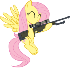 Size: 1260x1200 | Tagged: safe, artist:filipinoninja95, fluttershy, pegasus, pony, g4, ^^, arctic warfare, awp, cutie mark, eyes closed, female, flying, gun, hooves, mare, optical sight, rifle, simple background, smiling, sniper, sniper rifle, snipershy, solo, spread wings, transparent background, vector, weapon, wings