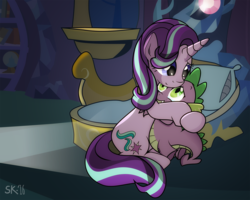 Size: 1371x1096 | Tagged: safe, artist:dsana, spike, starlight glimmer, dragon, g4, comforting, cute, female, hug, male, ship:sparlight, shipping, spikelove, straight, teary eyes, twilight's castle