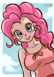 Size: 2480x3508 | Tagged: safe, artist:miku sky, pinkie pie, human, g4, the ticket master, breasts, busty pinkie pie, cleavage, clothes, cute, diapinkes, female, high res, human coloration, humanized, looking at you, scene interpretation, smiling, solo, tank top