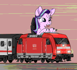 Size: 1100x1000 | Tagged: safe, artist:orang111, starlight glimmer, pony, unicorn, g4, animated, cute, db br 101, deutsche bahn, driving, female, glimmerbetes, locomotive, lol, open mouth, smiling, solo, the ride never ends, train