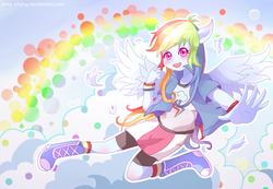 Size: 1800x1246 | Tagged: safe, artist:pika-chany, rainbow dash, equestria girls, g4, colored pupils, female, looking at you, ponied up, pony ears, solo