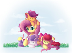 Size: 2200x1646 | Tagged: safe, artist:vanillaghosties, apple bloom, fluttershy, scootaloo, sweetie belle, earth pony, pegasus, pony, unicorn, g4, adorabloom, cloud, cute, cutealoo, cutie mark, cutie mark crusaders, diasweetes, eyes closed, grass, horn, open mouth, shyabetes, sleeping, the cmc's cutie marks, wings