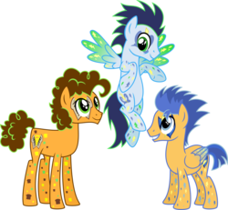 Size: 5418x5010 | Tagged: safe, artist:osipush, cheese sandwich, flash sentry, soarin', earth pony, pegasus, pony, g4, absurd resolution, alternative cutie mark placement, commission, cutie mark magic, facial cutie mark, floating, simple background, transparent background, trio, vector