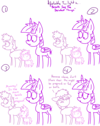 Size: 1280x1611 | Tagged: safe, artist:adorkabletwilightandfriends, twilight sparkle, oc, oc:kimberly, oc:nicole, alicorn, earth pony, pony, comic:adorkable twilight and friends, g4, adorkable twilight, comic, fat joke, filly, lineart, mom, pregnant, simple background, slice of life, twilight sparkle (alicorn)