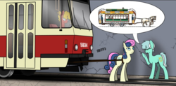 Size: 969x475 | Tagged: safe, artist:subway777, bon bon, lyra heartstrings, sweetie drops, oc, oc:tatra, earth pony, pony, unicorn, g4, bon bon is not amused, eyes closed, harness, pony pulls the wagon, tram