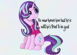 Size: 4092x2893 | Tagged: safe, artist:fia94, starlight glimmer, g4, c.s. lewis, clothes, female, hoodie, quote, simple background, sitting, solo