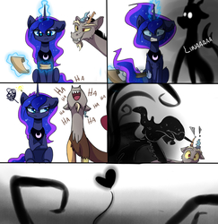 Size: 3000x3089 | Tagged: safe, artist:elementalokami, discord, princess luna, alicorn, draconequus, pony, g4, blushing, comic, female, floppy ears, gritted teeth, heart, high res, laughing, magic, male, scared, scroll, ship:lunacord, shipping, straight, telekinesis