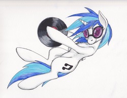 Size: 2218x1701 | Tagged: safe, artist:scribblepwn3, dj pon-3, vinyl scratch, pony, unicorn, g4, cutie mark, female, hooves, horn, lying down, mare, pen drawing, record, simple background, solo, sunglasses, traditional art, watercolor painting, white background