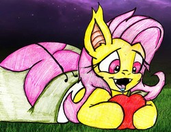 Size: 1000x771 | Tagged: safe, artist:mhedgehog21, fluttershy, bat pony, pony, g4, apple, drool, female, flutterbat, food, night, open mouth, prone, race swap, sleeping bag, solo, traditional art