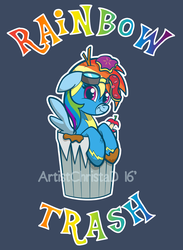 Size: 750x1023 | Tagged: safe, artist:christadoodles, rainbow dash, g4, clothes, dirty, female, floppy ears, leaning, looking at you, rainbow trash, scrunchy face, solo, trash, trash can, watermark, wonderbolts uniform