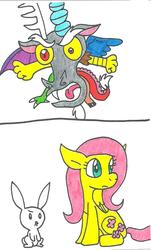 Size: 645x1069 | Tagged: safe, artist:cmara, angel bunny, discord, fluttershy, g4, traditional art