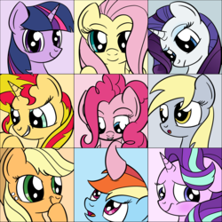 Size: 2500x2500 | Tagged: safe, artist:datapony, applejack, derpy hooves, fluttershy, pinkie pie, rainbow dash, rarity, starlight glimmer, sunset shimmer, twilight sparkle, pony, g4, high res, mane six, portrait