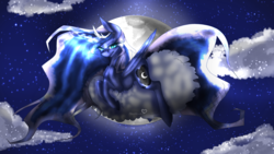 Size: 2500x1406 | Tagged: safe, artist:michyfactory, princess luna, g4, cloud, female, magic, moon, night, prone, solo, stars