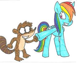 Size: 888x733 | Tagged: safe, artist:cmara, rainbow dash, g4, crossover, fist bump, hoofbump, male, regular show, rigby (regular show), traditional art