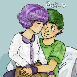 Size: 1000x1000 | Tagged: safe, artist:superlucky13, spike, sweetie belle, human, g4, cute, duo, elf ears, female, humanized, kissing, male, ship:spikebelle, shipping, straight