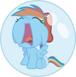 Size: 6345x6396 | Tagged: safe, artist:fineprint-mlp, rainbow dash, pegasus, pony, g4, absurd resolution, baby, baby dash, baby mario, baby pony, bubble, cap, crossover, crying, cute, dashabetes, diaper, female, filly, foal, hat, in bubble, mario hat, mario's hat, simple background, solo, spread wings, super mario bros., transparent background, vector, wings, yoshi's island, younger