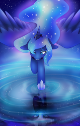 Size: 2550x4000 | Tagged: safe, artist:snowdeer97, nightmare moon, princess luna, g4, duality, female, floppy ears, flying, looking down, reflection, ripple, solo, stars, water