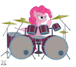 Size: 1686x1494 | Tagged: safe, artist:shadawg, pinkie pie, earth pony, pony, cymbals, drum kit, drums, female, hoof hold, mare, musical instrument, rimshot, snare drum, solo