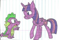 Size: 1021x694 | Tagged: safe, artist:cmara, spike, twilight sparkle, alicorn, pony, g4, lined paper, traditional art, twilight sparkle (alicorn)