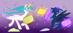 Size: 1000x459 | Tagged: safe, artist:ryuredwings, princess celestia, princess luna, alicorn, pony, g4, duo, female, levitation, magic, pillow fight, royal sisters, sisters, telekinesis