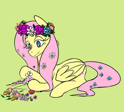 Size: 1000x904 | Tagged: safe, artist:ryuredwings, fluttershy, g4, female, floral head wreath, flower, flower in hair, folded wings, looking at something, lying down, simple background, solo