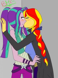 Size: 768x1024 | Tagged: safe, artist:brickercupmasterx3, aria blaze, sunset shimmer, equestria girls, g4, my little pony equestria girls: rainbow rocks, alternate clothes, alternate hairstyle, blushing, braid, female, kabedon, kissing, lesbian, ship:sunblaze, shipping