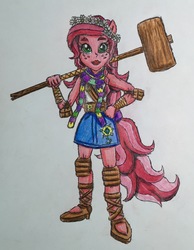 Size: 1838x2374 | Tagged: safe, artist:bozzerkazooers, gloriosa daisy, equestria girls, g4, my little pony equestria girls: legend of everfree, female, mallet, ponied up, solo, traditional art, weapon