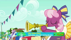 Size: 1012x568 | Tagged: safe, screencap, apple bloom, applejack, cheerilee, crackle pop, rainbow dash, rarity, scootaloo, sweetie belle, earth pony, pony, g4, the cart before the ponies, blowing, bugle mistaken for a trumpet, cheerileeder, cheerleader, cutie mark crusaders, go kart, musical instrument, promo, puffy cheeks, swanlestia cart, trumpet, wacky races