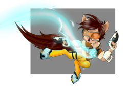 Size: 1024x721 | Tagged: safe, artist:arcuswind, pony, blaster, crossover, electricity, hoof hold, open mouth, overwatch, ponified, solo, tracer, visor, weapon