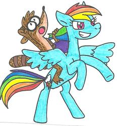 Size: 728x783 | Tagged: safe, artist:cmara, rainbow dash, g4, crossover, male, regular show, riding, rigby (regular show), traditional art